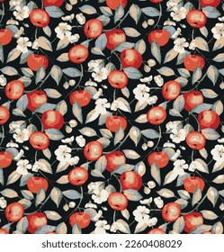 a solid abstract apple fruits and stalk leaves motif arrangement with monochrome tone, all over vector design with black background for textile printing factory