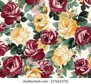 a solid abstract dual-color roses flower with green color leaves vector illustration full all-over textile design digital image