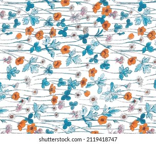 solid abstract dual-color small flowers with long stalk leaves illustration vector full all-over design digital image for textile and paper print motif