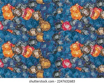 a solid abstract dual-tone blooming roses flower motif random with blue and yellow color vector illustration full all-over textile design digital image