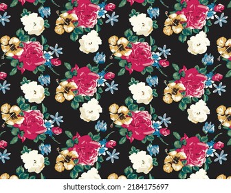 a solid abstract dual-tone color roses flower and green leaves arrangement with black background vector illustration all-over textile design digital image