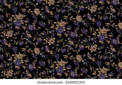 a solid abstract dual-tone small flowers and stalk leaves arrangement, full all over vector design with black background for textile printing factory