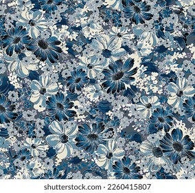 a solid abstract hibiscus flowers motif arrangement with monochrome tone, all over vector design with blue and cream color for textile printing factory