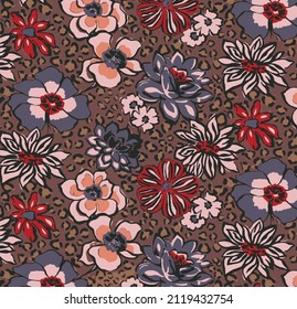 solid abstract medium color flowers with brown tiger skin background illustration vector full all-over design digital image for textiles and gift paper motifs