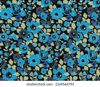 a solid abstract monochrome flowers arrangement motif with blue and yellow color tones illustration full all over vector textile design digital image