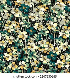 a solid abstract monochrome green color tone blooming small flower motif random with stalk leaves vector illustration full all-over textile design digital image