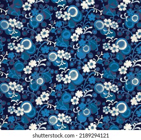 a solid abstract monochrome small white flower and blue circle shape random with blue color background vector illustration full all-over textile and paper design digital image print