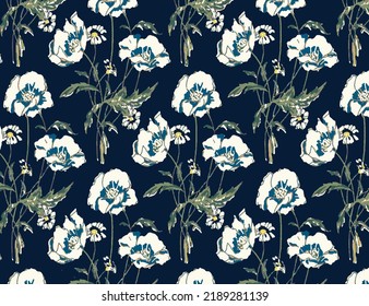 a solid abstract monochrome white blooms flower and green stalk leaves random with blue color background vector illustration all-over textile design digital image