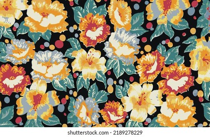 a solid abstract multicolor big blooming flower random with black color background vector illustration full all-over textile design digital image can be used for wrapping gift paper