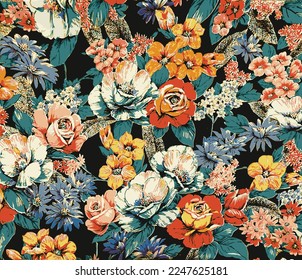 a solid abstract multicolor floral and big flower motif random with black background vector illustration full all-over textile design digital image