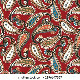 a solid abstract multicolor paisley motif arrangement with red color background full all over vector illustration textile design digital image