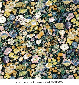 a solid abstract multicolor simple variety of small flower random motif with black background vector illustration full all-over textile design digital image