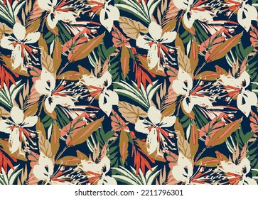 a solid abstract multicolor variety of leaves with white color butterfly flower arrangement vector illustration full all-over textile design digital image