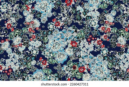 a solid abstract multicolor variety small flowers and roses motif arrangement, full all over vector design with navy background for textile printing factory