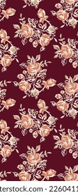 a solid abstract simple small roses flowers and stalk leaves arrangement with monochrome tone, all over vector design with red background for textile printing factory