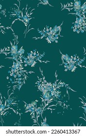 a solid abstract small flowers motif and stalk leaves on grouping arrangement with green tone color, all over vector design with navy background for textile printing factory