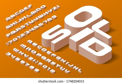 Solid alphabet font. 3d isometric letters, numbers and symbols with shadow. Stock vector typescript for your typography design.