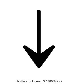 Solid arrow icon pointing downward with direction downward movement isolated
