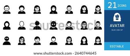 Solid avatar icon set featuring user, profile, male, female, employee, manager, and client icons. Ideal for UI, business, web, apps, and social platforms.