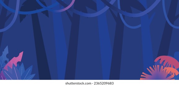 Fondo sólido de la jungla con elementos florales morados, azules y naranjas