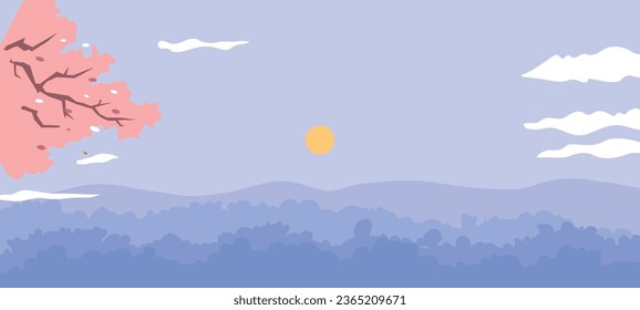 Solid background of sakura landscape with purple, pink and yellow silhouette elements