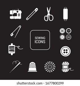 Solid basic needle and thread icons. Sewing picture. Black backgroud.