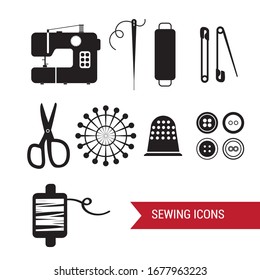 Solid basic needle and thread icons. Sewing picture.