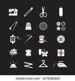 Solid basic needle and thread icons. Sewing picture. Black background.