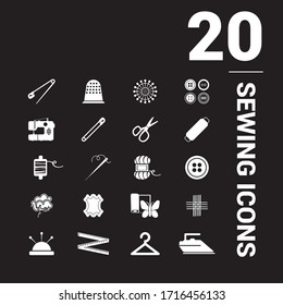 Solid basic needle and thread icons. Sewing picture. Black background.