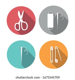 Solid basic needle, thread and scissors icon. Sewing picture.