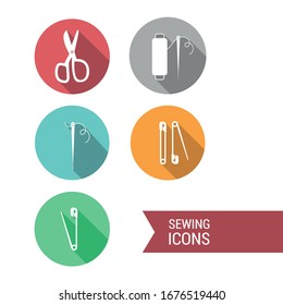 Solid basic needle, thread and scissors icon. Sewing picture.