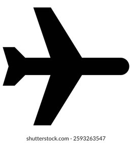 Solid black airplane icon, an overhead view depicts a simple graphic against an isolated background, showcasing the aircraft's wings and tail.