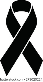 Ein durchgehendes schwarzes Bewusstseinsband wird auf einem stark weißen Hintergrund dargestellt. Das Band ist eine klassische Schleifenform mit überlappenden Enden, die ein einfaches, aber erkennbares Symbol erzeugt.