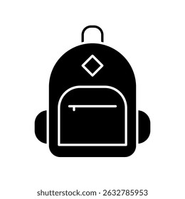 Solid black backpack icon in flat silhouette style. This bold vector illustration represents a school or travel bag, ideal for digital apps, websites, UI design.