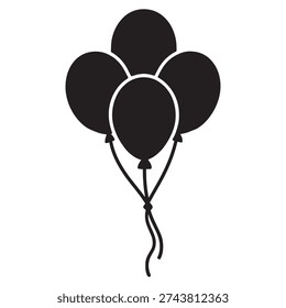 A solid black balloon bunch silhouette vector icon featuring a simple flat design. The balloons are tied together at the base, forming a clean cluster with a single string extending downward. Isolated on a white background, this minimal and modern design is perfect for party, celebration, or festive-themed graphics in both digital and print projects.