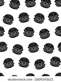 solid black burger seamless pattren on white background