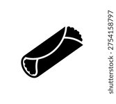 Solid Black Burrito Icon, Simple 2D Flat Logo, Clean Silhouette Isolated on White Background