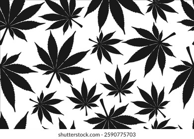 Solid Black Cannabis Marijuana Leaves on White Background Seamless Vector Pattern