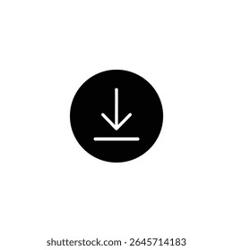 A solid black circle with a white download arrow symbol rendered in negative space at its center. Flat 2D vector design, isolated on white.