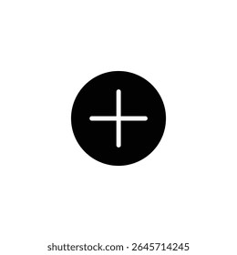 A solid black circle with a white plus sign in negative space, for add or create. Flat 2D vector design, isolated on white.