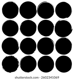 Solid black circles. Grunge ink shapes. Rough hand drawn. Vector artistic forms.