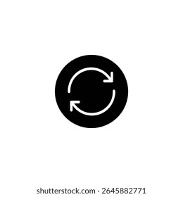 Solid black circular icon with two white clockwise curved arrows in negative space, indicating refresh or synchronization. Isolated on a white background.