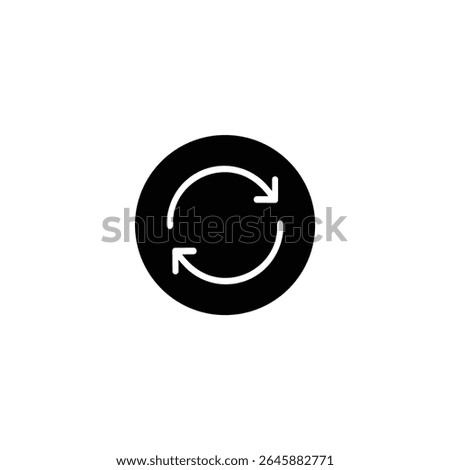Solid black circular icon with two white clockwise curved arrows in negative space, indicating refresh or synchronization. Isolated on a white background.