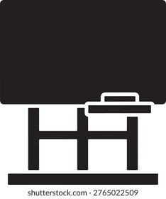 Solid black of a classroom chalkboard on a stand with an eraser resting on the ledge, isolated on a white background