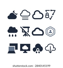 Solid black cloud icons for weather and climate, featuring storm clouds with raindrops, sunny skies without sun rays, locked padlock symbolizing security, hexagon shape representing privacy