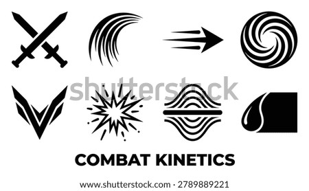 Solid black combat kinetics icons showing actions like parry, block, slash, thrust, spin, sparks, impact, drop.