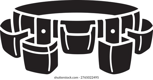 Solid black of a construction tool belt with multiple pouches and pockets for equipment storage