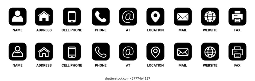 Solid black contact information icons represent essential business details like name, address, cell phone, phone, email, location, website, and fax, perfect for UI and UX design.
