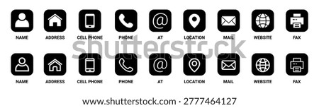 Solid black contact information icons represent essential business details like name, address, cell phone, phone, email, location, website, and fax, perfect for UI and UX design.