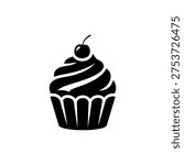Solid Black Cupcake Icon, Simple 2D Flat Logo, Clean Silhouette Isolated on White Background